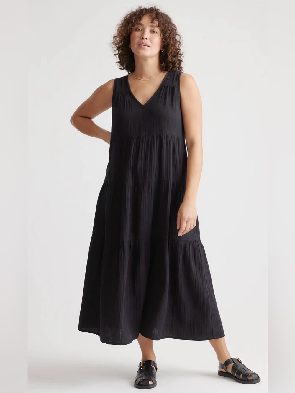 Quince 100% Organic Cotton Gauze Tiered Maxi Dress Black Size Medium